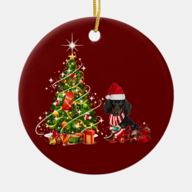 Dachshund med hög julklapp julgransprydnad keramik (Framsidan)