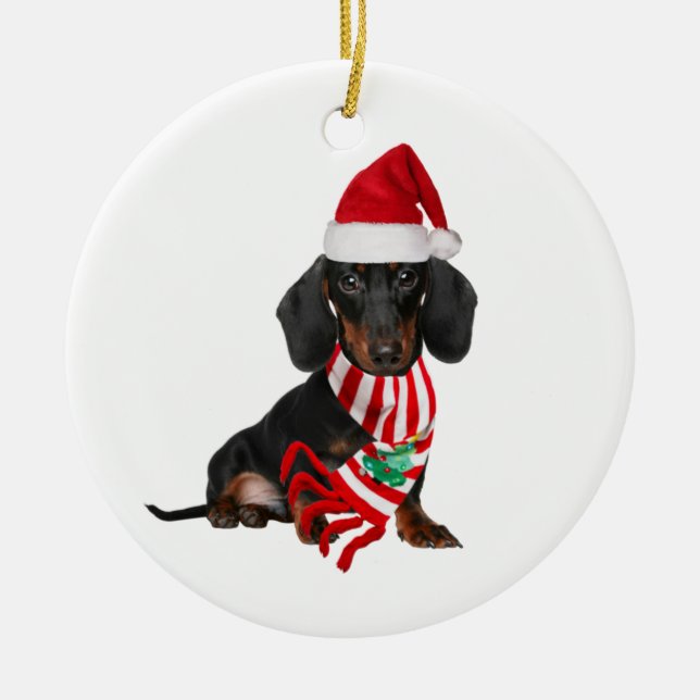Dachshund med hög jultomte julgransprydnad keramik (Framsidan)