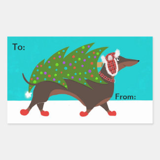 Dachshund med Julgran Gift Sticker Lable Rektangulärt Klistermärke