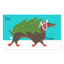 Dachshund med Julgran Gift Sticker Lable