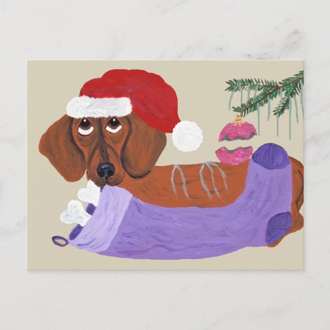 Dachshund med julklapp helg vykort (Framsida)