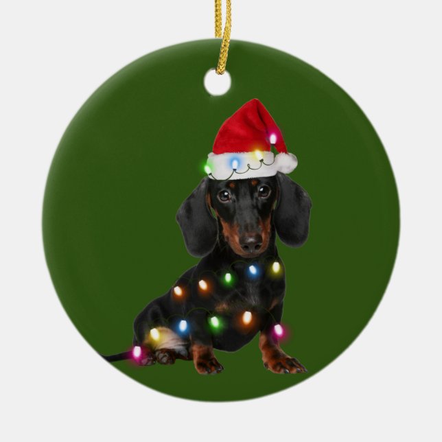 Dachshund med julskafter Santa Hat Julgransprydnad Keramik (Framsidan)