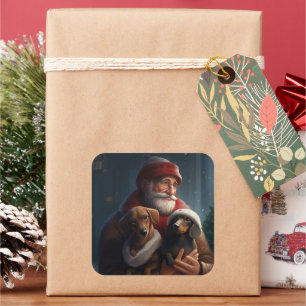 Dachshund med Jultomten jultomte Fyrkantigt Klistermärke