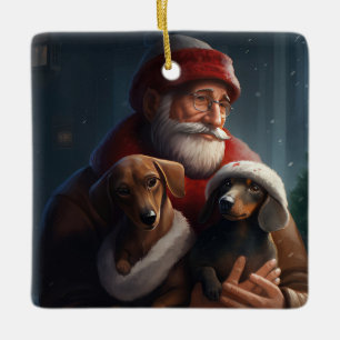 Dachshund med Jultomten jultomte Julgransprydnad Keramik