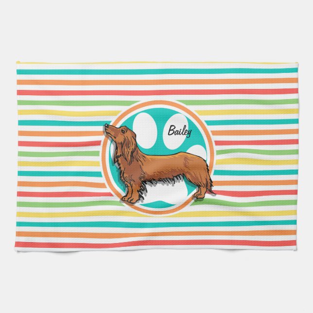 Dachshund med lång livslängd, Bright Rainbow Rand Kökshandduk (Horisontell)