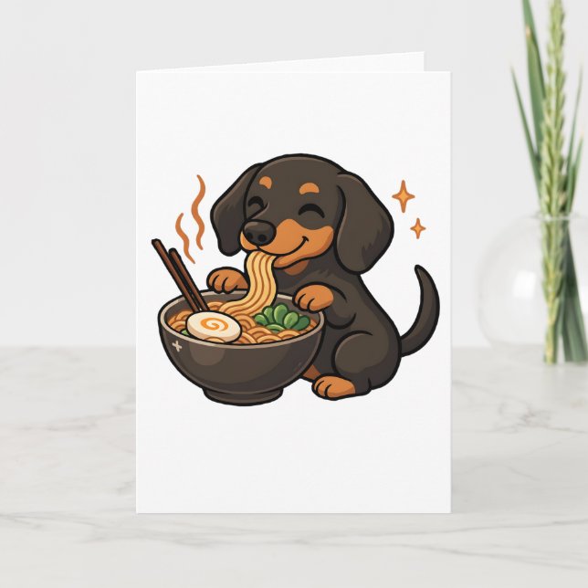 Dachshund med nudlar Ramen Kawaii hund Kort (Framsida)