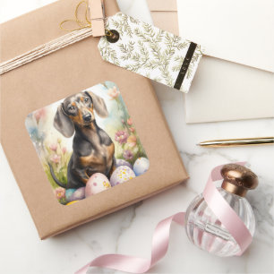 Dachshund med påskägg fyrkantigt klistermärke