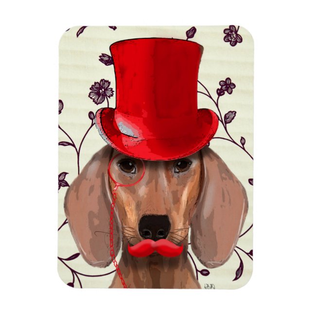 Dachshund med Röda Top hat Magnet (Vertikal)
