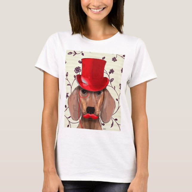 Dachshund med Röda Top hat T-shirt (Framsida)