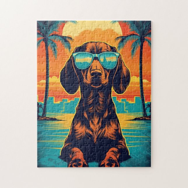 Dachshund med solglasögon på tropisk strand pussel (Vertikal)