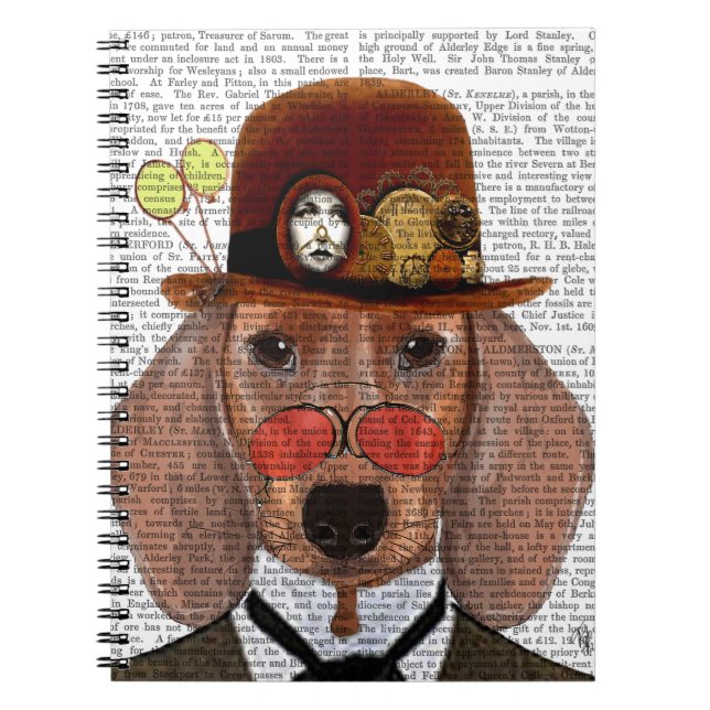 Dachshund med Steampunk Bowlareare Hat Anteckningsbok Med Spiral (Framsidan)
