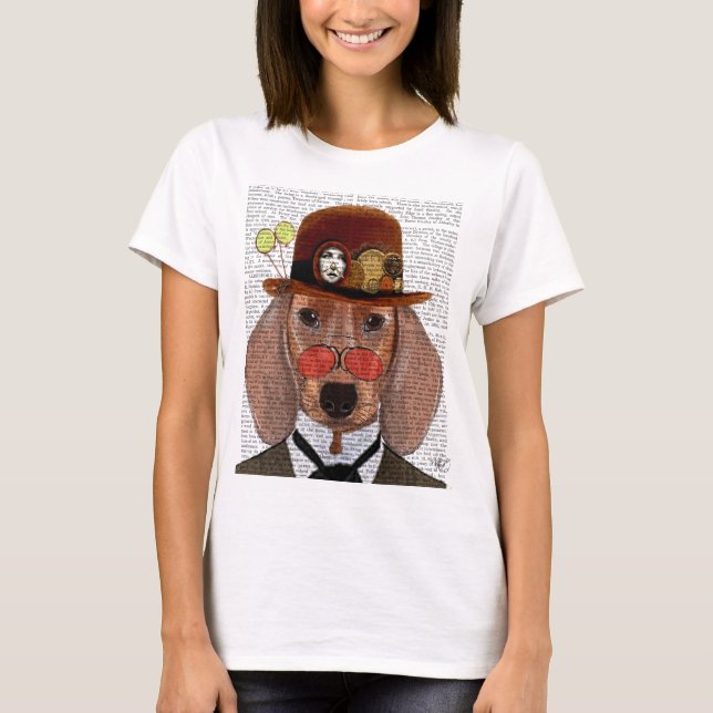 Dachshund med Steampunk Bowlareare Hat T Shirt (Framsida)