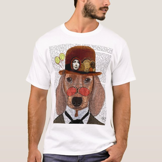 Dachshund med Steampunk Bowlareare Hat Tee (Framsida)