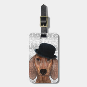 Dachshund med svart Bowlareare Hat Bagagebricka