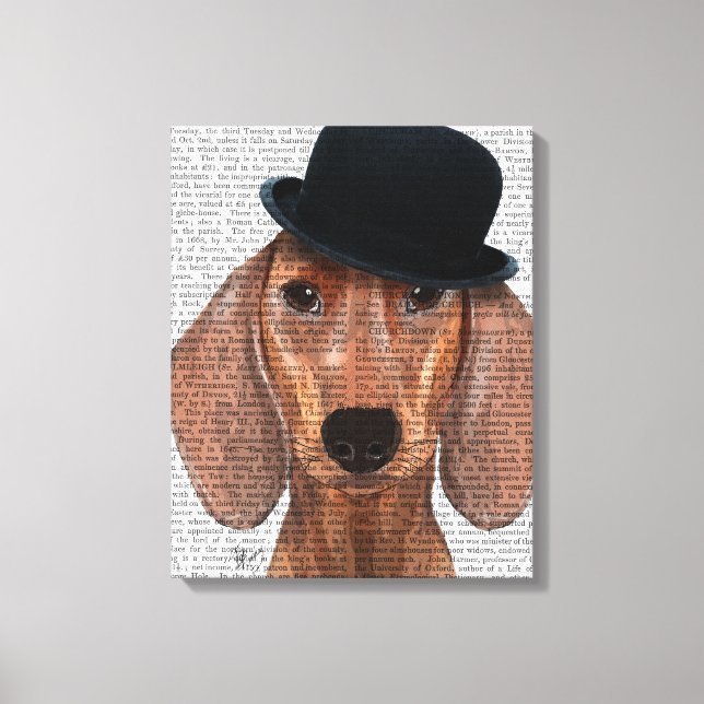 Dachshund med svart Bowlareare Hat Canvastryck (Framsida)