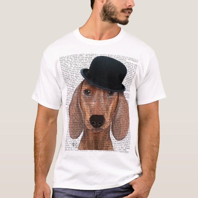 Dachshund med svart Bowlareare Hat Tee (Framsida)