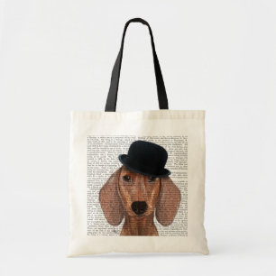 Dachshund med svart Bowlareare Hat Tygkasse