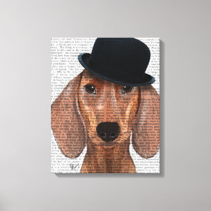 Dachshund med svart Bowlareare hatt Canvastryck