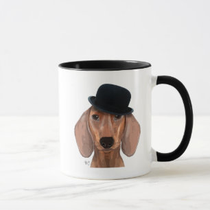 Dachshund med svart Bowlareare hatt Mugg