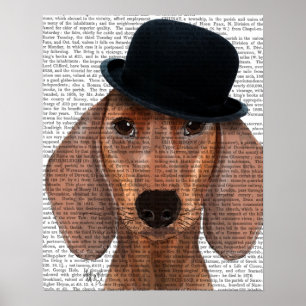 Dachshund med svart Bowlareare hatt Poster