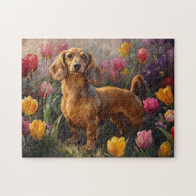Dachshund med Vår Tulips-målning Pussel (Horisontell)