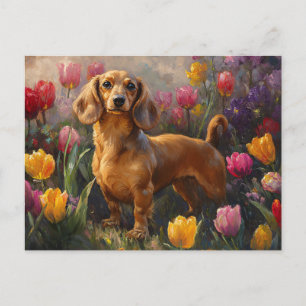 Dachshund med Vår Tulips-målning Vykort