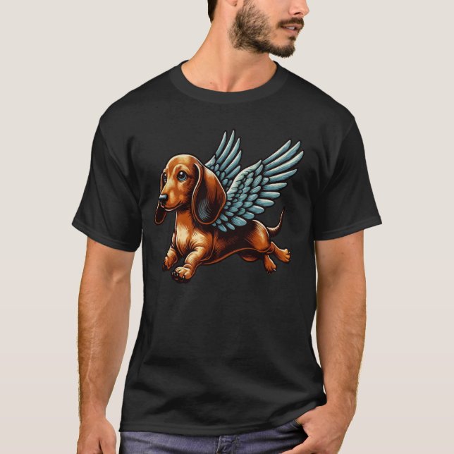 Dachshund med Vingar Retro Artwork Hund med Vingar T Shirt (Framsida)