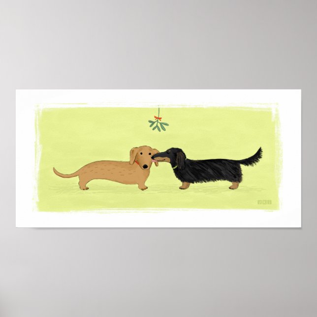 Dachshund Mistletoe Kiss - Wiener Hund jul Poster (Framsidan)