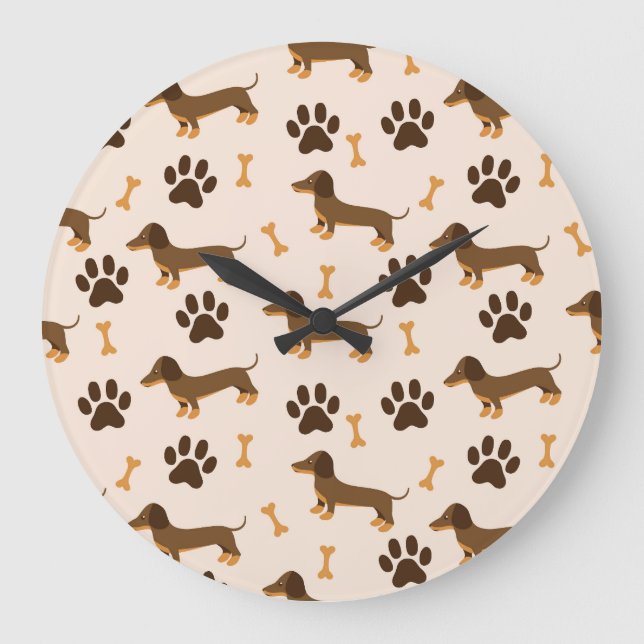 Dachshund Mönster: Vintage Print Design Stor Klocka (Framsida)