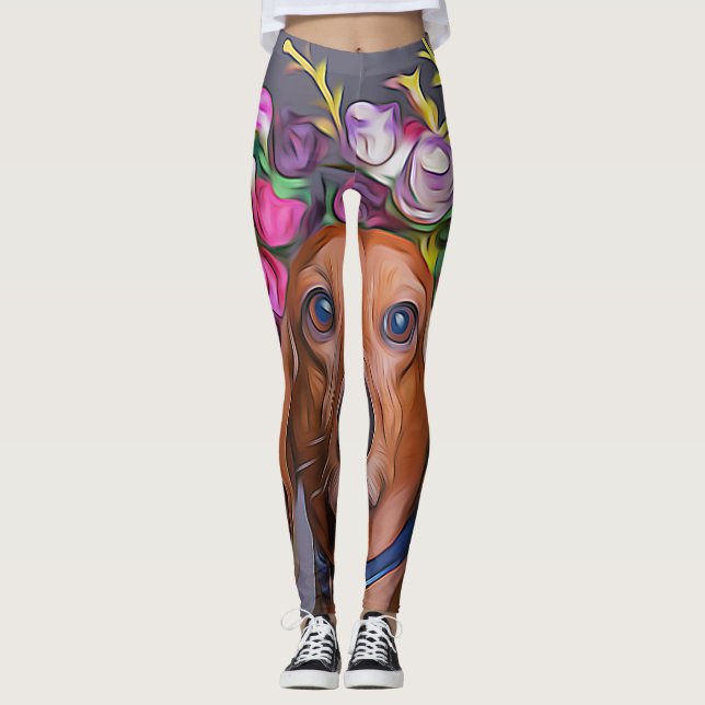 Dachshund nära Dachshund Wearing Flowers Leggings (Framsida)