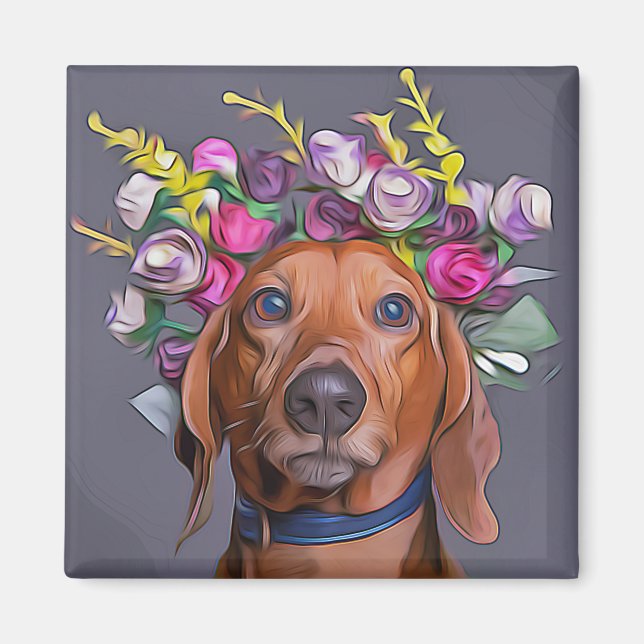 Dachshund nära Dachshund Wearing Flowers Magnet (Framsidan)