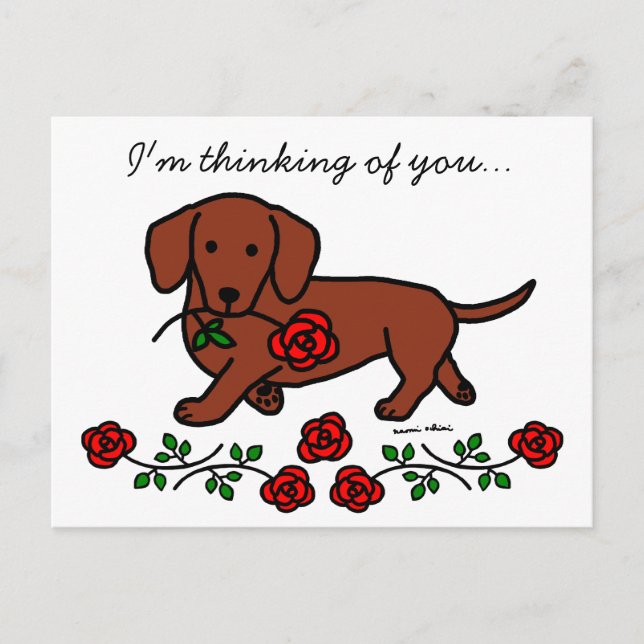 Dachshund och blomstertecknad vykort (Framsida)