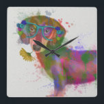 Dachshund och Glass Rainbow Stänk Fyrkantig Klocka<br><div class="desc">Den här vattenfärgen innehåller en färgstark porträtt av ett dachsund i tealglasögon som är färgade i blommor| Efter Fab-Funky</div>