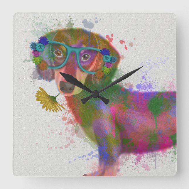 Dachshund och Glass Rainbow Stänk Fyrkantig Klocka (Framsida)