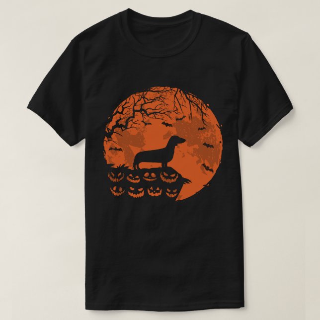 Dachshund och Måne Halloween Hund älskare Gift T Shirt (Design framsida)