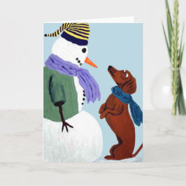 Dachshund och snömannen notkort helgkort