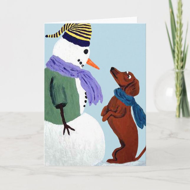 Dachshund och snömannen notkort helgkort (Framsida)