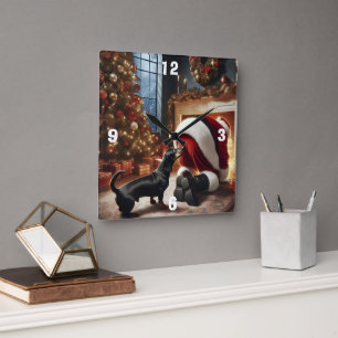 Dachshund och tomte  fyrkantig klocka