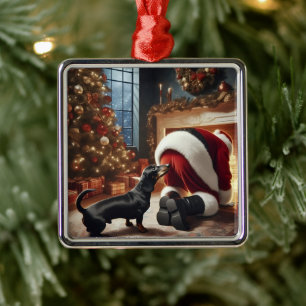 Dachshund och Tomte Julgransprydnad Metall