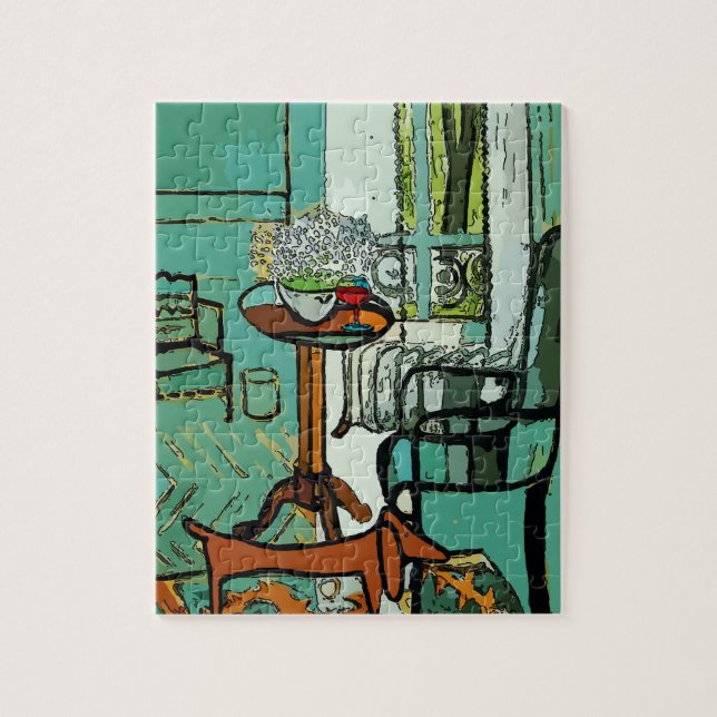 Dachshund och Vin i grönt Room Poster Pussel (Vertikal)