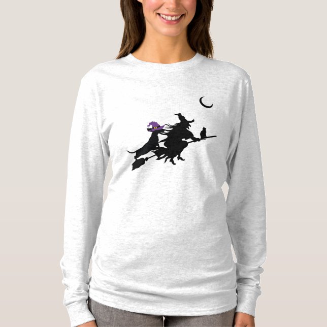 Dachshund och Witch Silhouette Halloween Shirt T Shirt (Framsida)