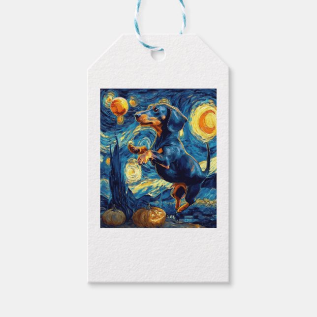 Dachshund of van gogh starry night halloween Funny Presentetikett (Framsidan)