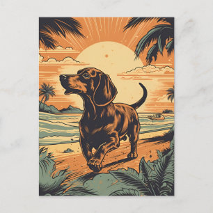 Dachshund på en tropisk strand under solnedgången vykort