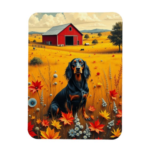 dachshund på gården på hösten magnet (Vertikal)