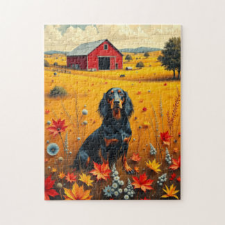 dachshund på gården på hösten pussel