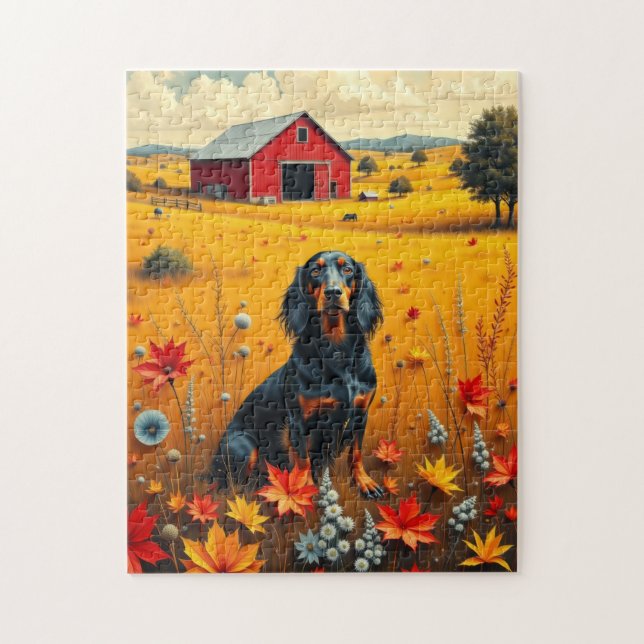 dachshund på gården på hösten pussel (Vertikal)