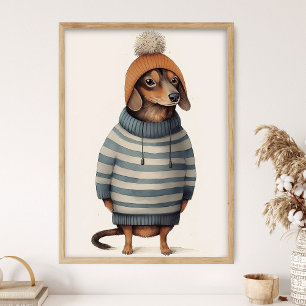 Dachshund på vinterhumör, Rolig hunddekor, Mysig h Poster