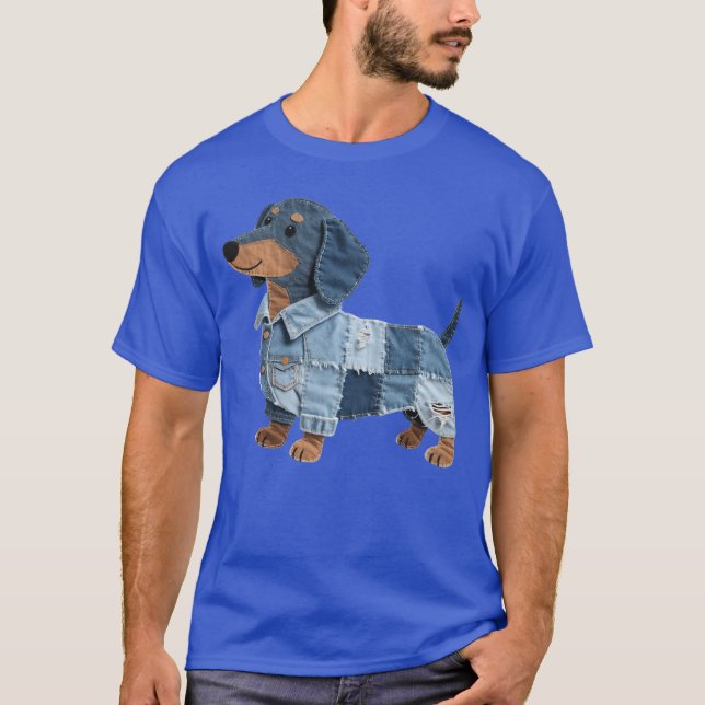 Dachshund Pattern Denim Patchwork Art Funny Dachsh T Shirt (Framsida)
