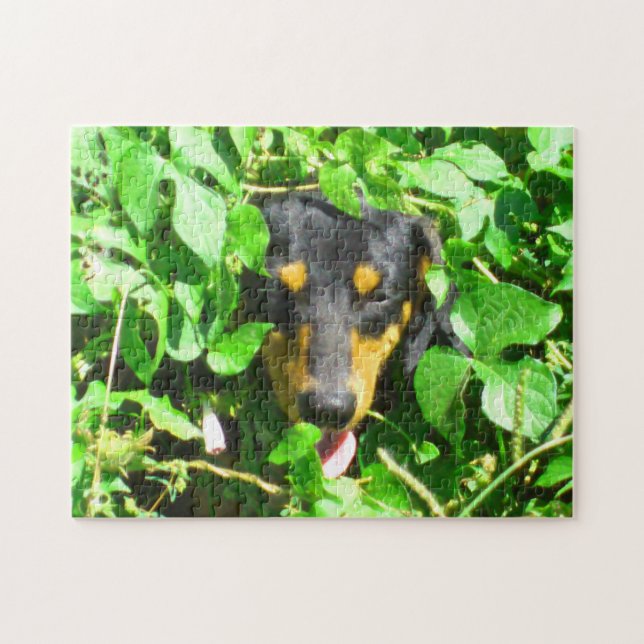 Dachshund Peeking through Lövs Puzzle Pussel (Horisontell)