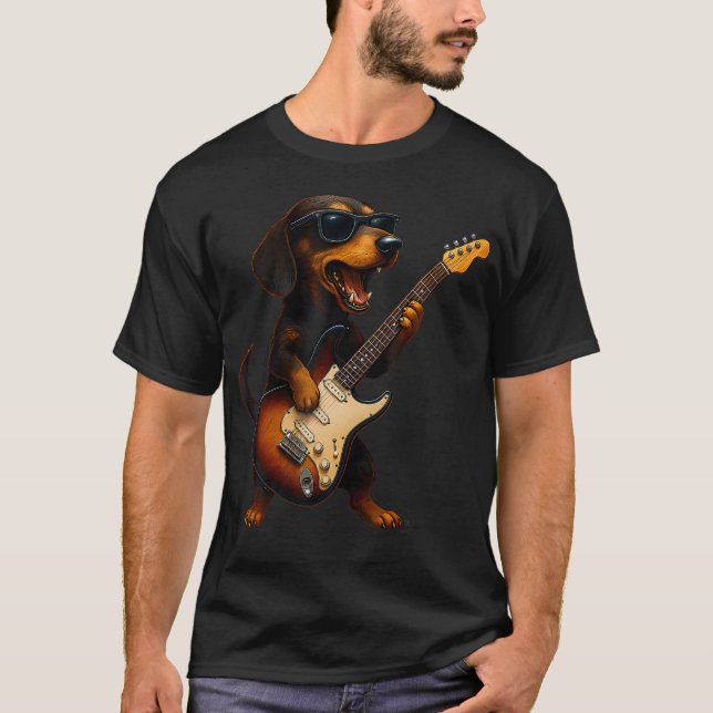Dachshund Playing Guitar Rock Music Dog Lover Pet  T Shirt (Framsida)